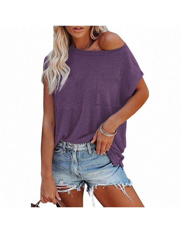 Summer Women's Top Solid Pocket Off Shoulder Round Neck Short Sleeve Women's T-Shirt 