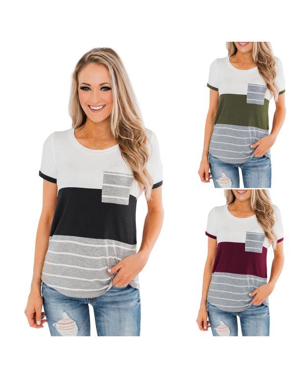 Spring and Summer New European and American Women's Top Popular Pocket Tri-color Panel Short Sleeve Stripe T-shirt Women