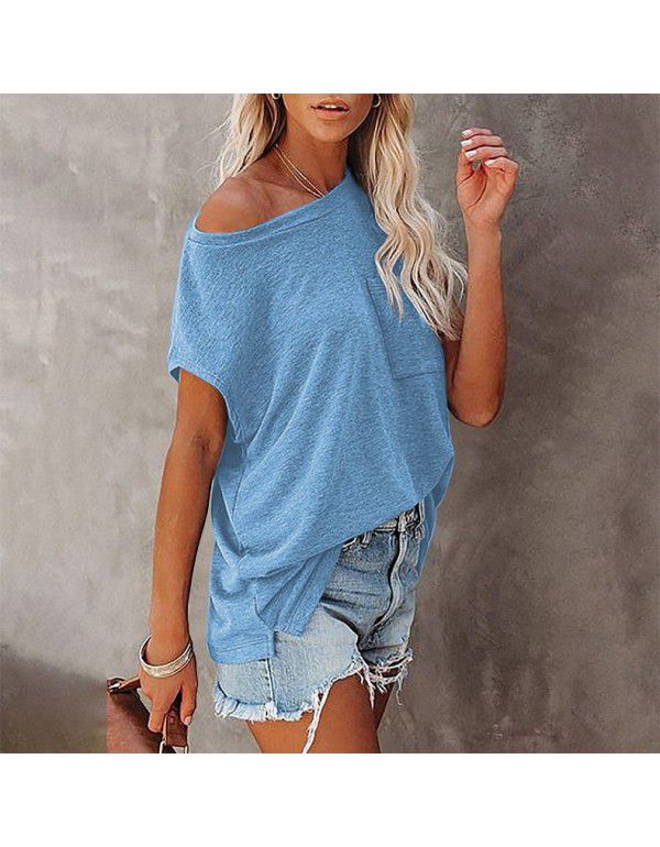 Summer Women's Top Solid Pocket Off Shoulder Round Neck Short Sleeve Women's T-Shirt 