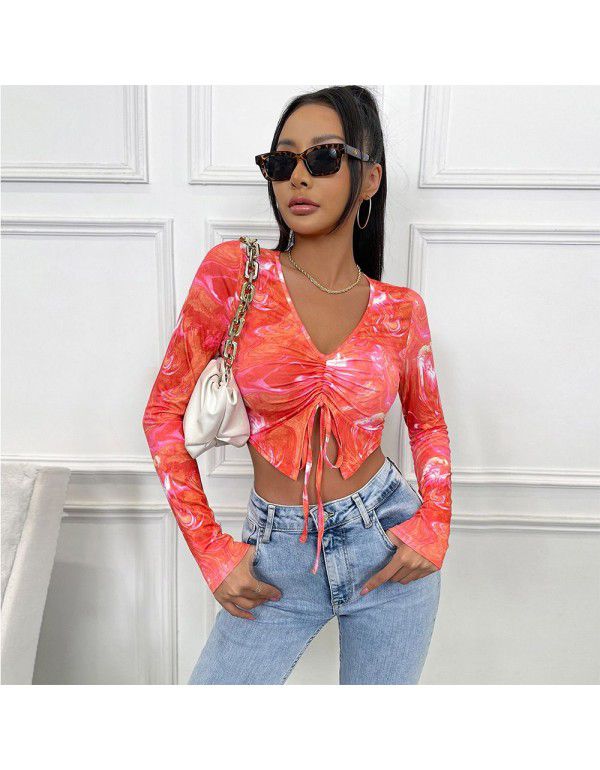 Sleeves drawcord slimming open navel top breathable pleated solid color simple sweet T-shirt women's casual spring and autumn top 