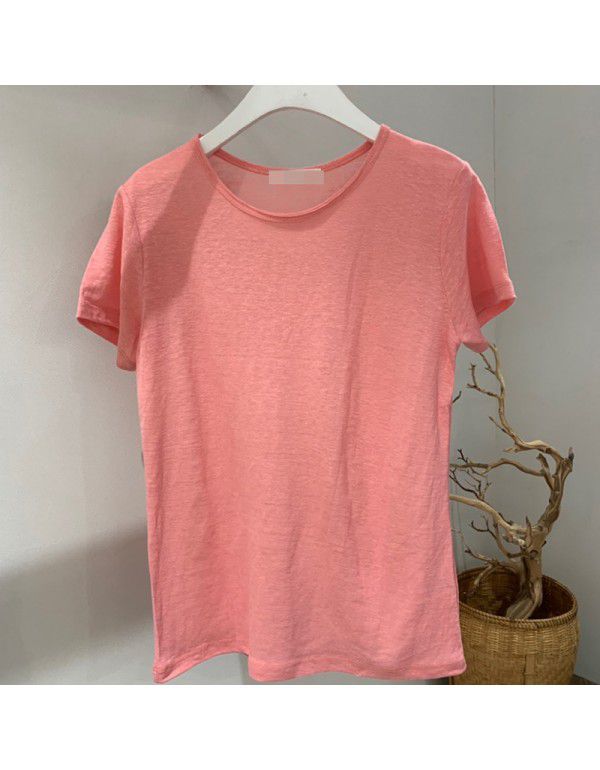 Korea East Gate Summer New Pure Color Slub Cotton Loose Versatile Casual Basecoat Short Sleeve T-shirt Women 