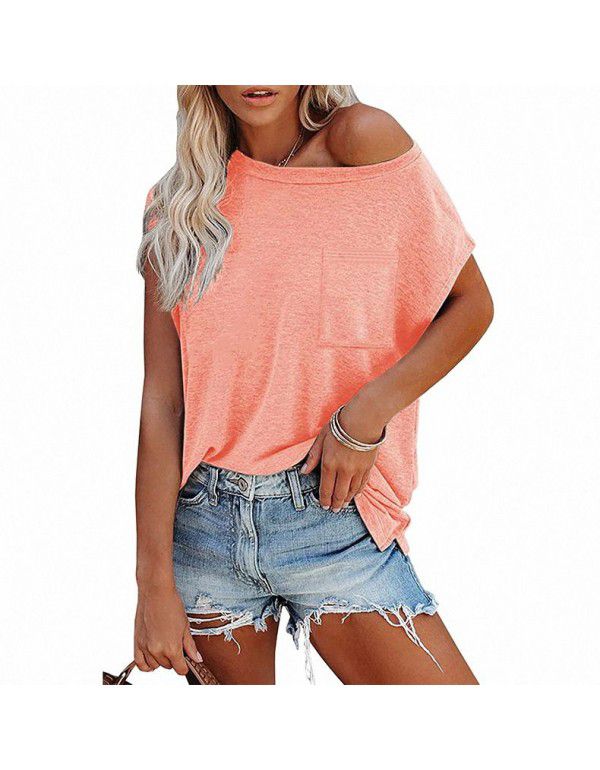 Summer Women's Top Solid Pocket Off Shoulder Round Neck Short Sleeve Women's T-Shirt 