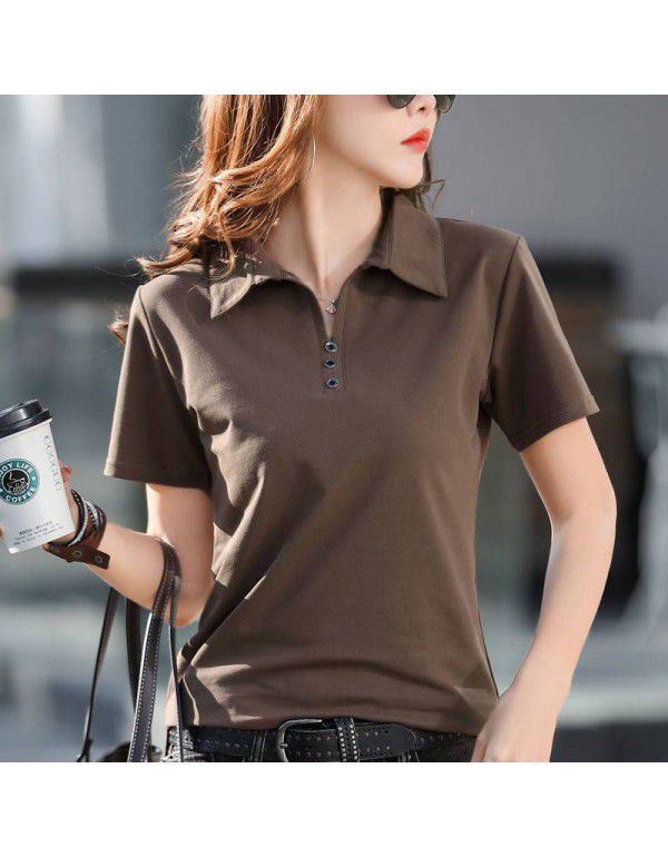 Cotton short-sleeved T-shirt women's loose belly covering top summer new style collar simple button thin half-sleeved shirt 