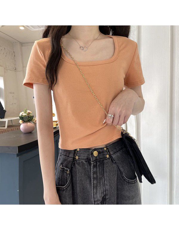 Summer Short T-shirt Women's Solid 2023 New High Waist Slim Fit Show Thin Spicy Girls Versatile Short Sleeve Square Neck Top Fashion