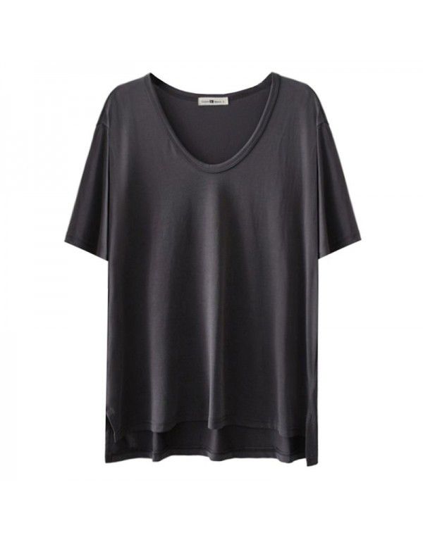 Basic copper spandex cotton solid color V-neck short-sleeved T-shirt female student summer loose bottom shirt shows thin top trend 