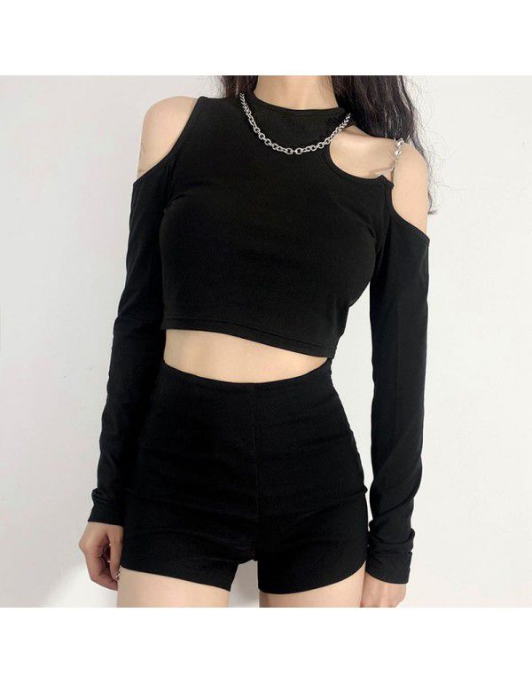 European Station 2021 Street Fashion Summer New Women's Dress Slim Fit Sexy Off Shoulder Long Sleeve Round Neck Short T-shirt Women 