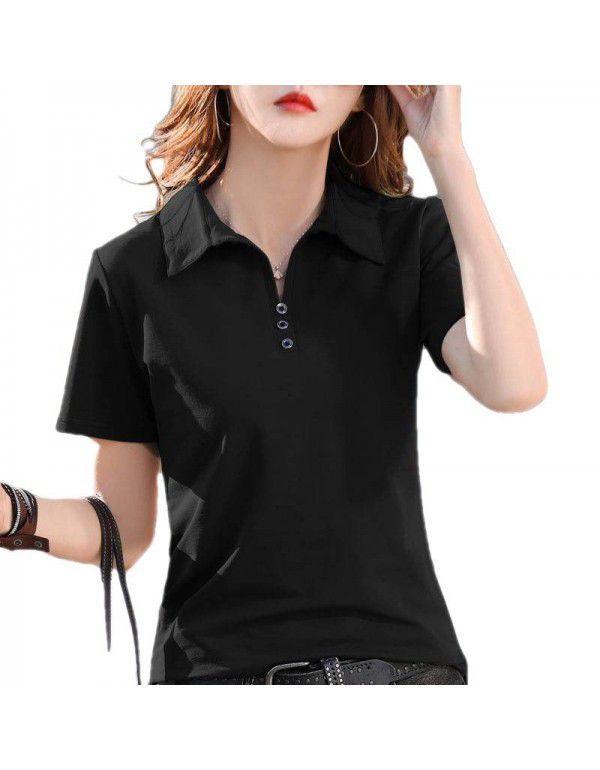 Cotton short-sleeved T-shirt women's loose belly covering top summer new style collar simple button thin half-sleeved shirt 