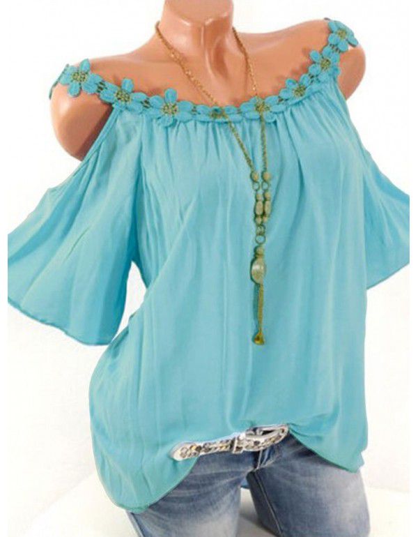 Summer Top Lace Round Neck Off Shoulder Solid T-Shirt Women