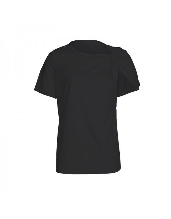 Personalized kink solid color women's T-shirt Women's autumn round neck short sleeve versatile T-shirt top 