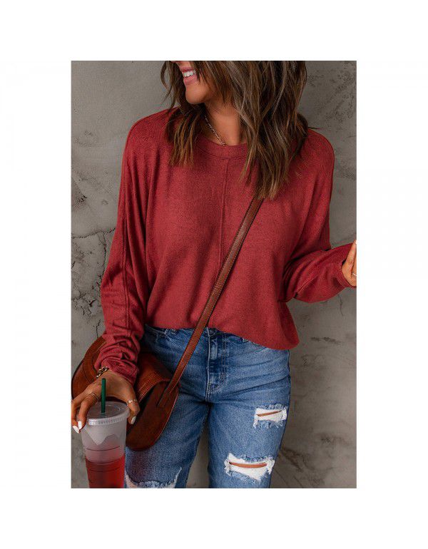 Red patchwork long-sleeved top for women's casual casual casual bottoms