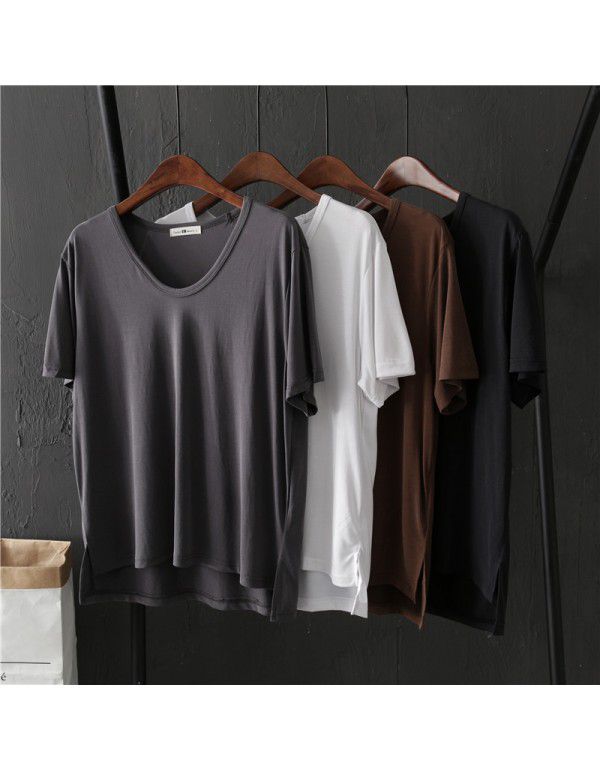 Basic copper spandex cotton solid color V-neck sho...