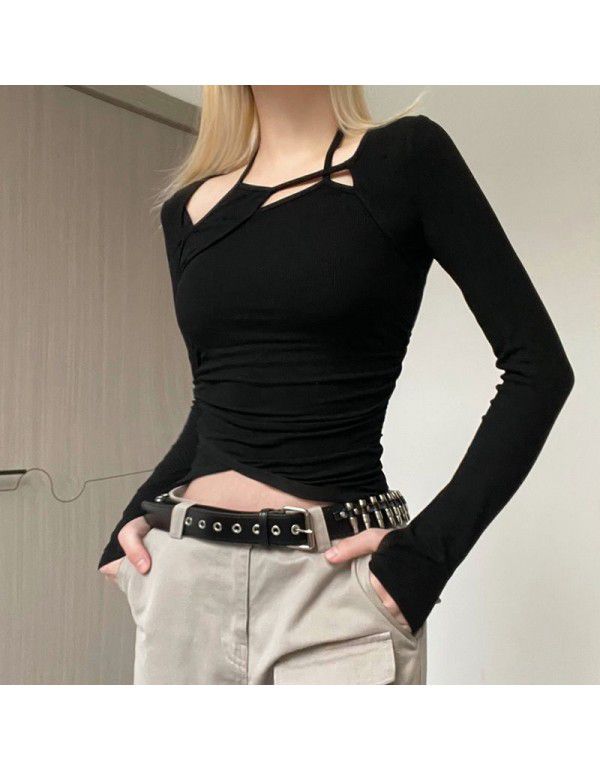 Autumn and Winter New Women's Fashion Street Shoot Personality Hollow Asymmetric T-shirt 