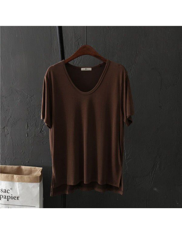 Basic copper spandex cotton solid color V-neck short-sleeved T-shirt female student summer loose bottom shirt shows thin top trend 