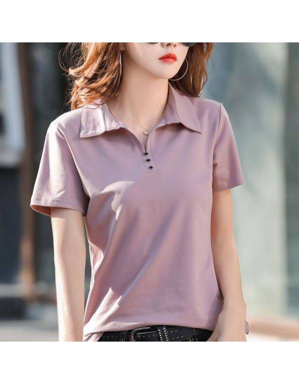 Cotton short-sleeved T-shirt women's loose belly covering top summer new style collar simple button thin half-sleeved shirt 