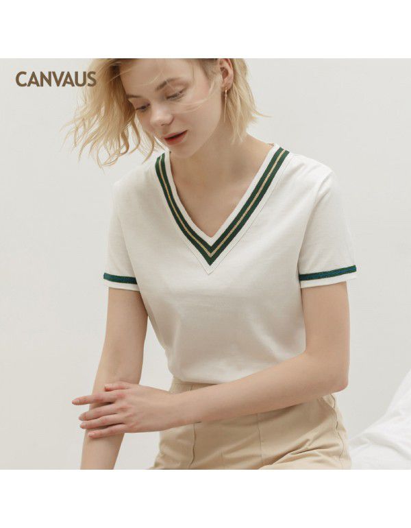 Summer New Cotton V-Neck Ribbon Loose European and American Temperament Short Sleeve T-shirt Women's Top 