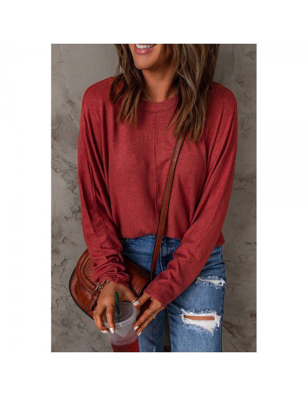 Red patchwork long-sleeved top for women's casual casual casual bottoms