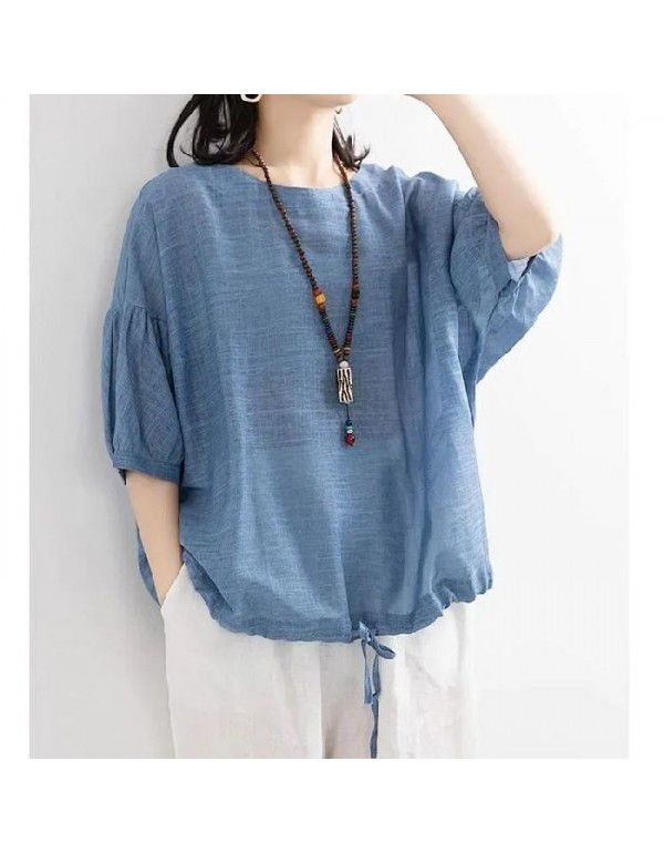 Loose casual T-shirt Women's Bat Shirt Drawcord Round Neck Medium Sleeve Imitation Cotton Linen Shirt Top Summer