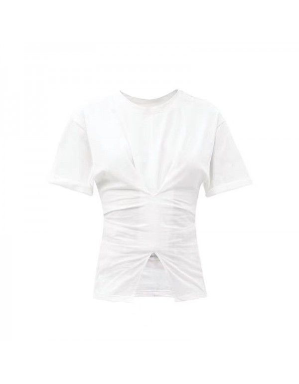 Design sense T simple style waist design shows thin personality solid color T-shirt female 