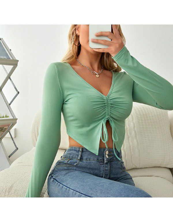 Sleeves drawcord slimming open navel top breathable pleated solid color simple sweet T-shirt women's casual spring and autumn top 