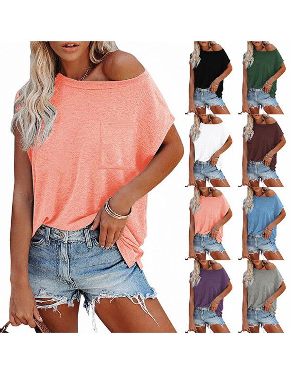 Summer Women's Top Solid Pocket Off Shoulder Round Neck Short Sleeve Women's T-Shirt 