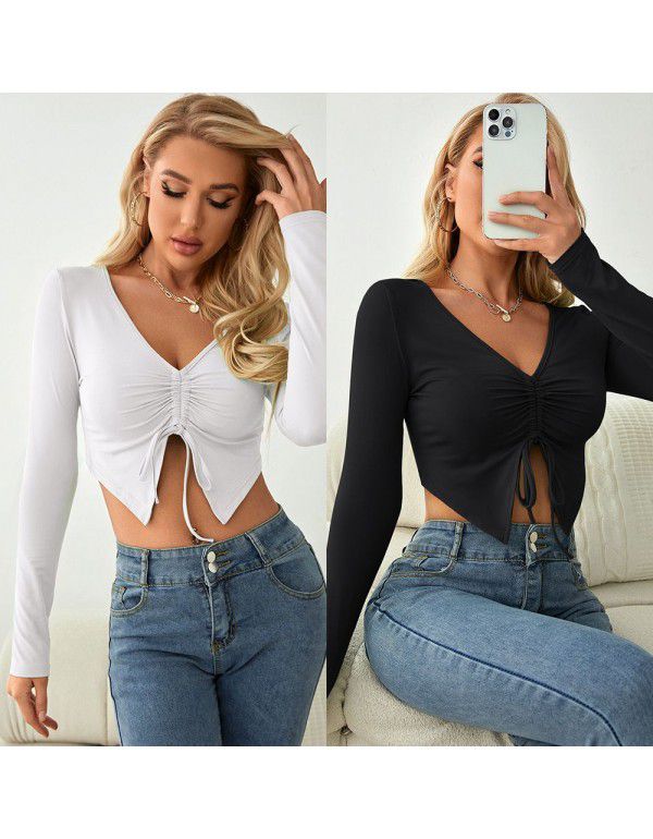 Sleeves drawcord slimming open navel top breathable pleated solid color simple sweet T-shirt women's casual spring and autumn top 