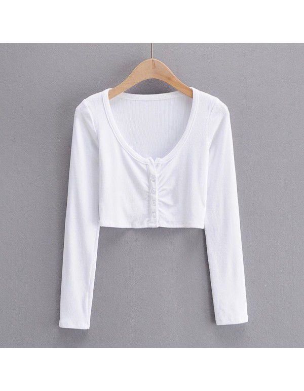 Autumn Spicy Girls Sexy Slim Fit Short Open Umbilical Pleated T-shirt Women's Tight Bottom Shirt Single breasted Top 