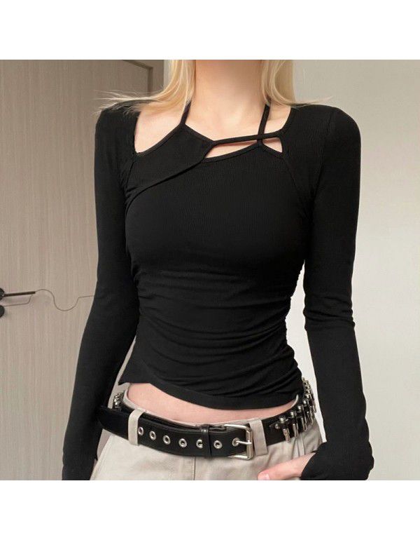 Autumn and Winter New Women's Fashion Street Shoot Personality Hollow Asymmetric T-shirt 