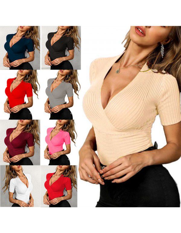 Summer New Popular V-neck Sexy Slim Fit Knitted Solid Short Sleeve T-shirt Top Women's Wear 