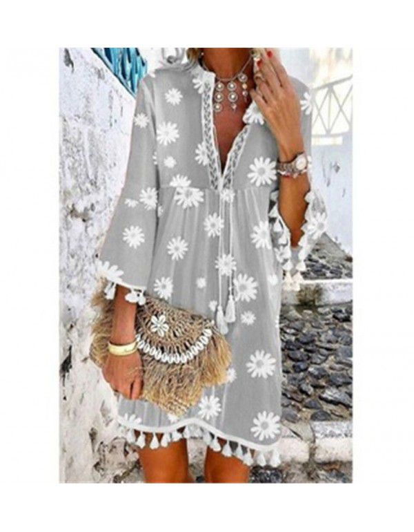 PRINTED DAISY 3/4 SLEEVE FRINGE V-NECK PRINTED DRESS 