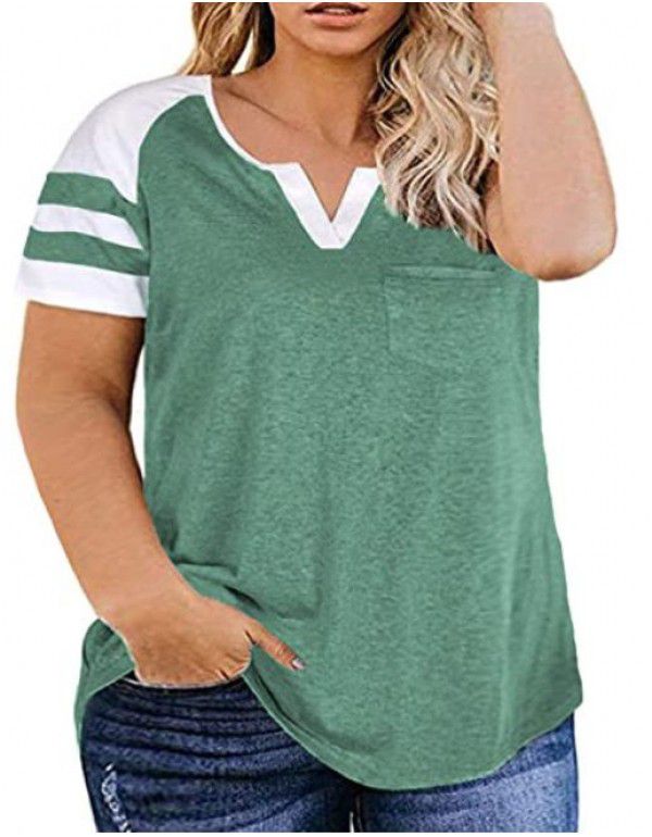 Amazon New Women's Plus Size Top Summer V-neck Raglan Sleeve T-shirt Pocket Style