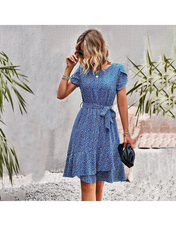 Round Neck Temperament Casual Dress Summer Lace Waist Women's Dress 