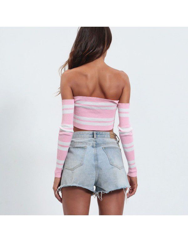 Summer European and American t-shirt women's knitting sexy hot girl backless long-sleeved pullover exposed navel short bow top woman 