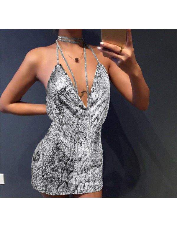 European and American Women's Open Back Metallic Sequins Sexy Strap V-Neck Hanging Neck with Diamond Chain Nightclub Split Dress