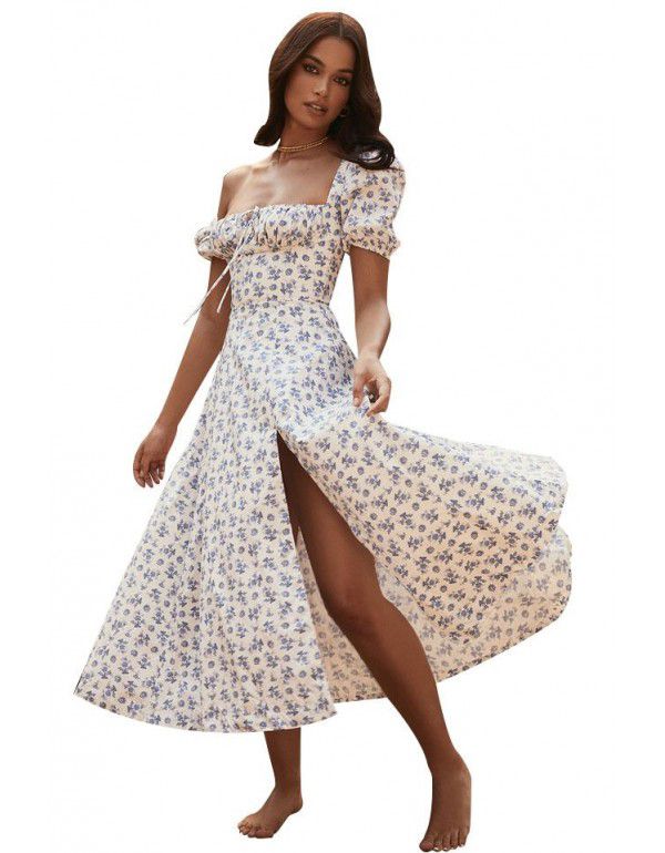 New Women's Summer Popular Fashion Bubble Sleeve Fragmented Flower Lace Up High Split Long Dress Women's Dress Summer