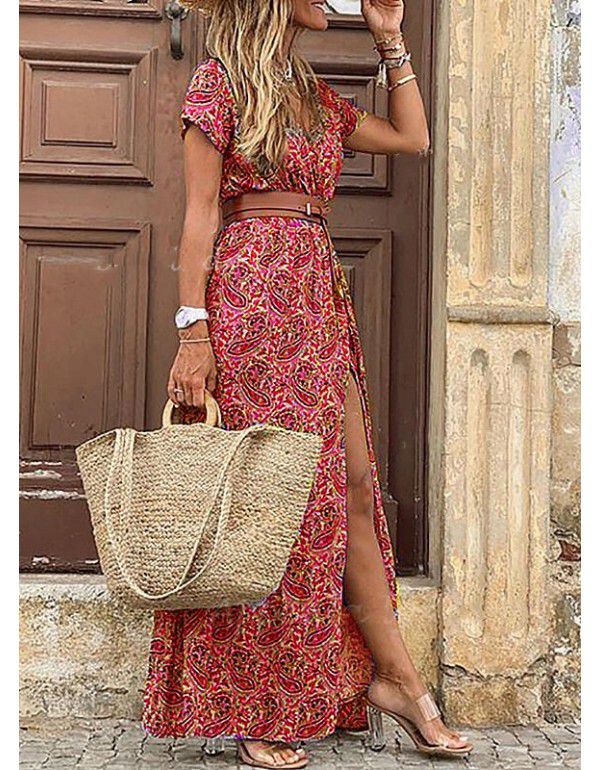 Popular European and American Bohemian style waistband printed long dress 