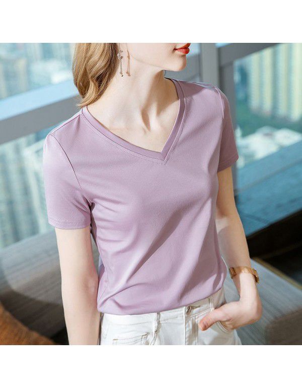 Ice feeling mercerized cotton short-sleeved t-shirt women's new style women's temperament v-neck pure cotton t-shirt pure color high-grade top 