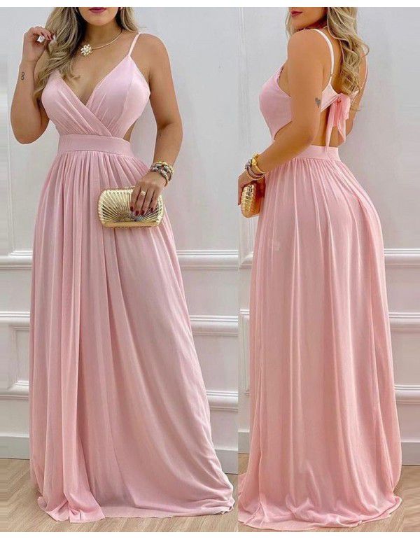 Spring and Autumn Mid-waist Solid Knee Length Straight Dress Pink Temperament Commuter Strap Long Dress Dress 