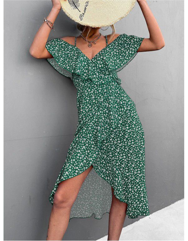 Popular Off Shoulder Floral Strap Dress Irregular Long Dress