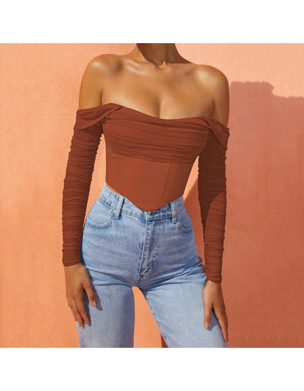 European and American women's clothing autumn and winter Amazon popular mesh fishbone perspective one-line collar exposed navel short T-shirt top female 