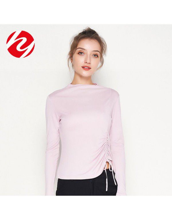 Spring New Silk Underlay Women's Long Sleeve T-shirt Silk Drawstring Slim Fit Medium High Neck Top 