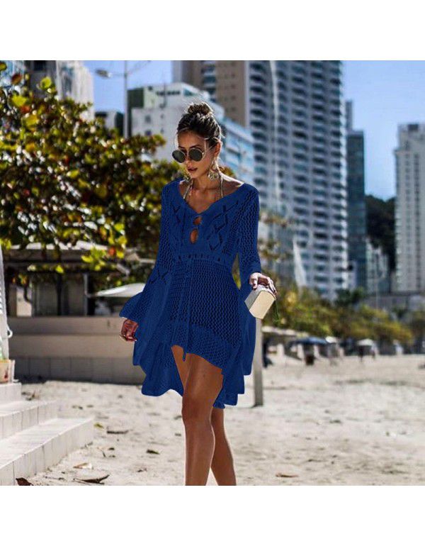 Irregular Deep V Sexy Flare Sleeve Hollow Out Woven Beach Gown Dress