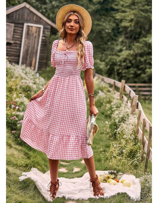 Checkered Dress Spring Summer Leisure Holiday Off Shoulder Women's Dress