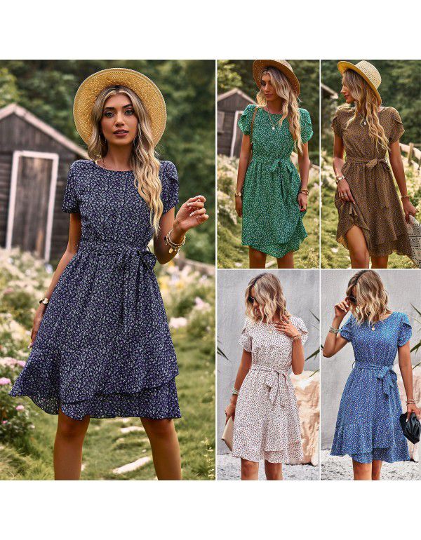 Round Neck Temperament Casual Dress Summer Lace Wa...