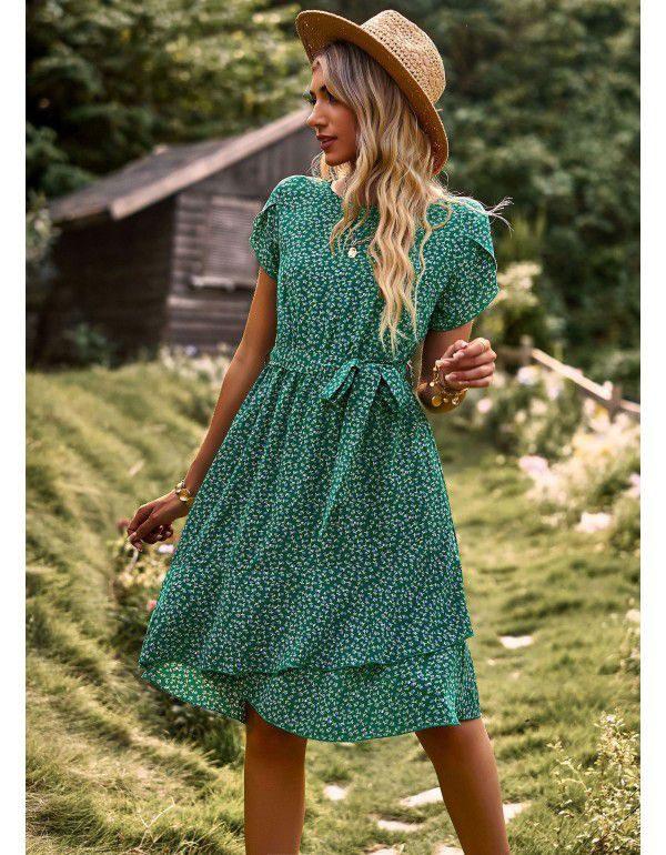 Round Neck Temperament Casual Dress Summer Lace Waist Women's Dress 