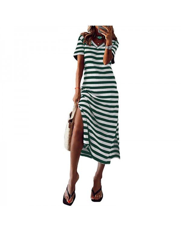 Long skirt with side slits New summer stripe print Short sleeve slim fit Slim drag dress