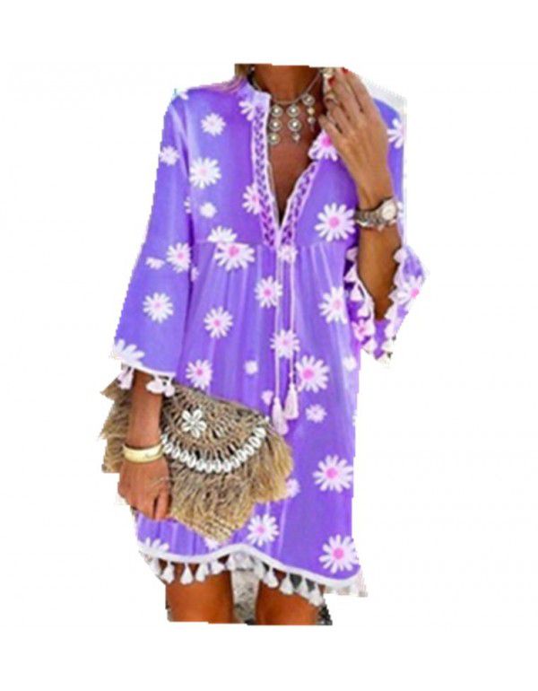 PRINTED DAISY 3/4 SLEEVE FRINGE V-NECK PRINTED DRESS 