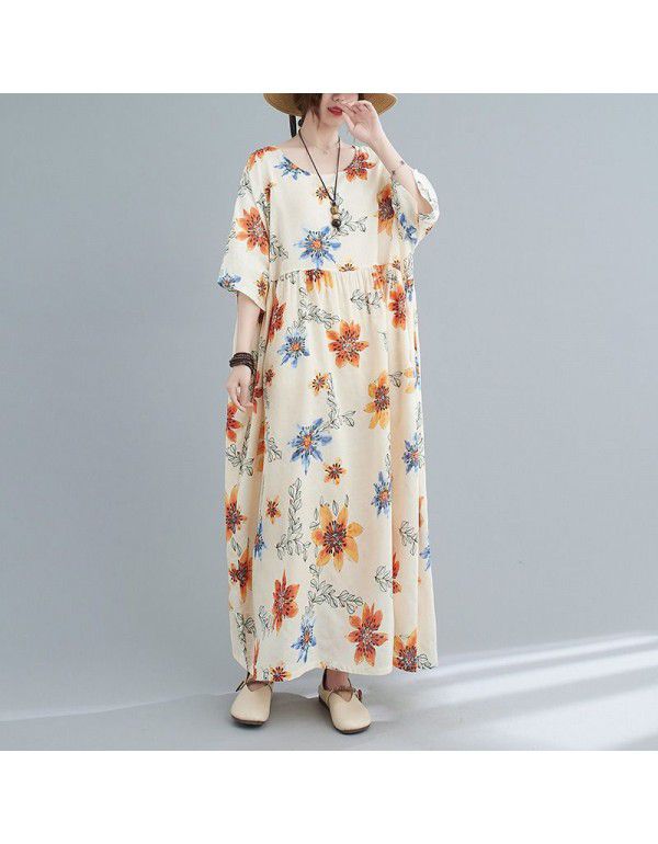 Oversized Dress Women's Summer Loose Short Sleeve Slim Print Skirt