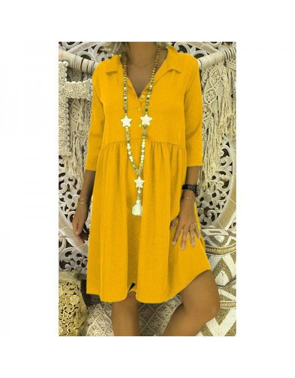 Popular European and American style 3/4 sleeve deep V-neck loose casual solid color dress