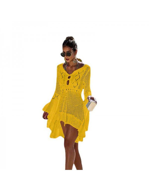 Irregular Deep V Sexy Flare Sleeve Hollow Out Woven Beach Gown Dress