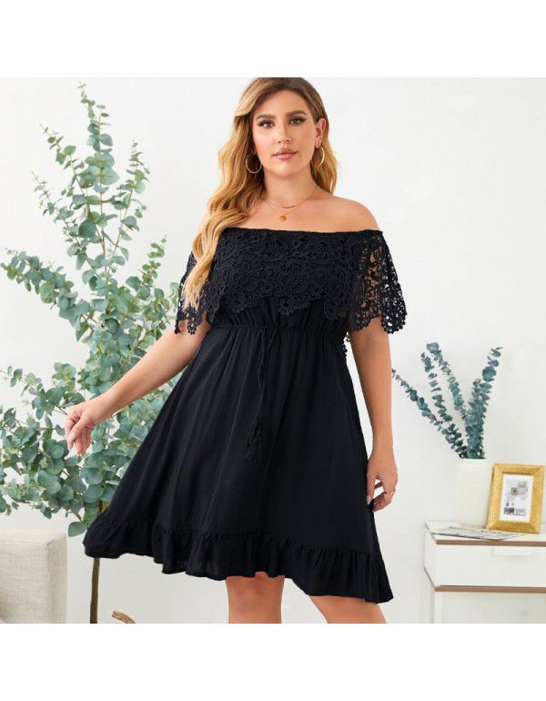 Shi Ying Summer New Lace Short Sleeve Large Size Dress Solid Line Neck Skirt